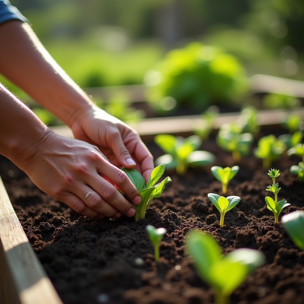Manos plantando plántulas de hortalizas en un bancal siguiendo el calendario de siembra mediterráneo