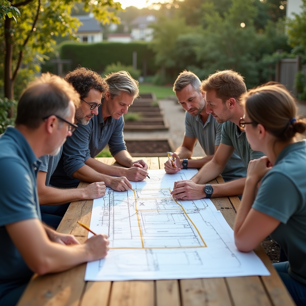 Grupo de vecinos alrededor de una mesa revisando un plano de diseño participativo para el huerto