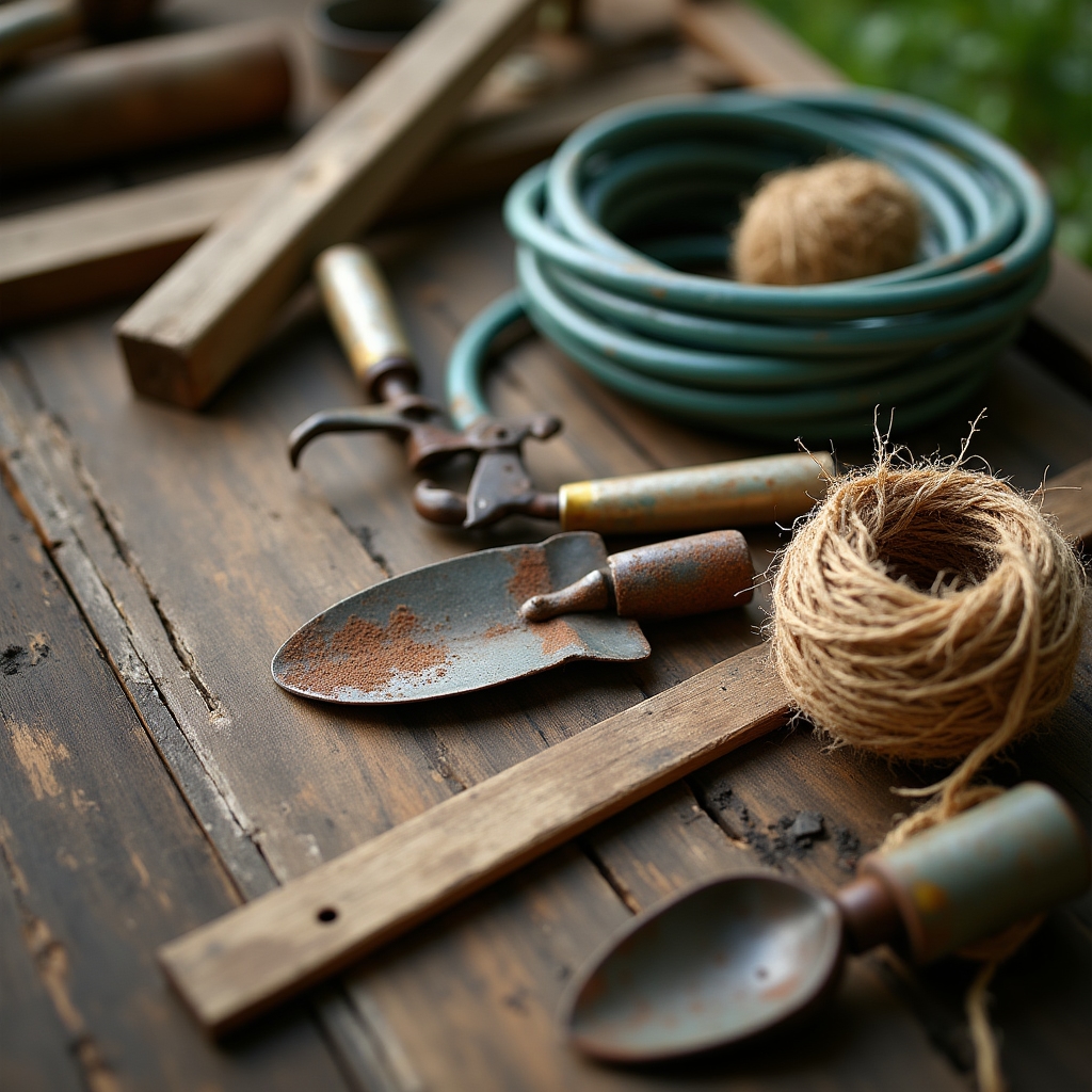Herramientas de jardinería y materiales reciclados organizados sobre una mesa de trabajo antes del montaje
